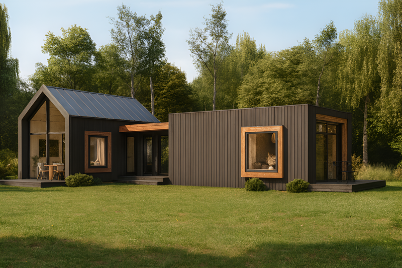 Moderna divslīpju jumta koka karkasa māja ar piebūvi