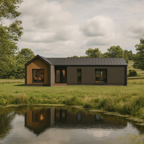 96m2 moduļu māja pie dīķa ar 2 guļamistabām un lielu dzīvojamo istabu