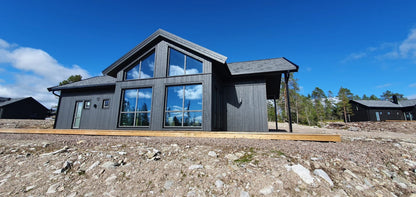 Priekšējais skats uz modernu privātmāju ar lieliem panorāmas logiem un dedzināta koka imitācijas fasādi