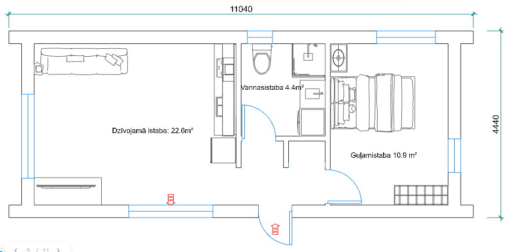 Modernas koka karkasa moduļu mājas iekšējais plānojums