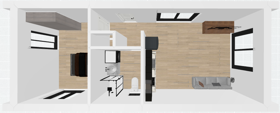 Klasiskas koka karkasa moduļu mājas plānojums vasarnīcai