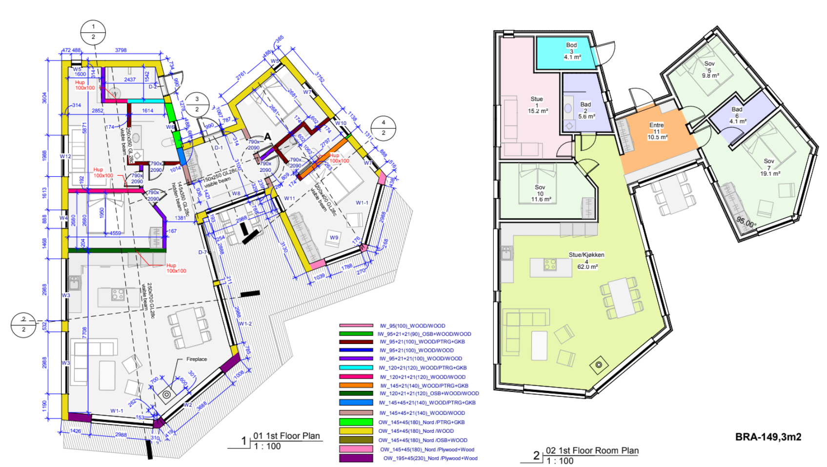 Modernas Dvīņu mājas plānojums un tehniskais rasējums. 8 izstabas, 1 dzīvojamā izstaba, 3 guļam izstabas, divas vannas izstabas, viena ofissa telpa un tehniskā telpa