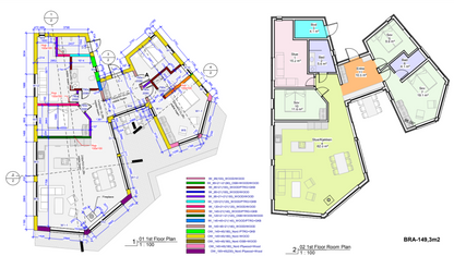 Modernas Dvīņu mājas plānojums un tehniskais rasējums. 8 izstabas, 1 dzīvojamā izstaba, 3 guļam izstabas, divas vannas izstabas, viena ofissa telpa un tehniskā telpa