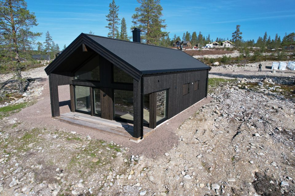 Scandinavian-style private house with a burnt-wood-look facade, large windows, and a spacious footprint