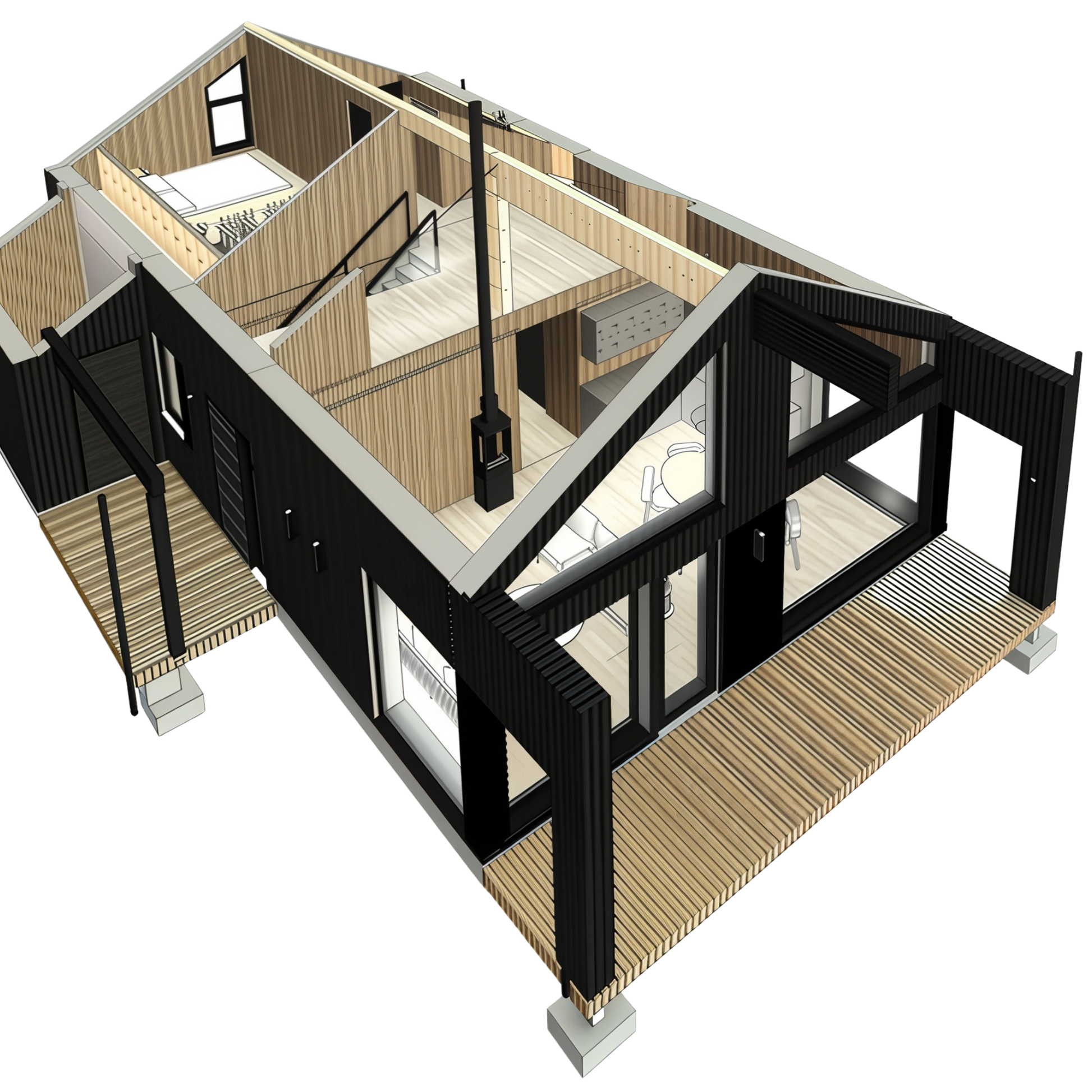 Modernas divstāvu skandināvu stila mājas plānojums šķērsgriezumā ar redzamu interjera izkārtojumu