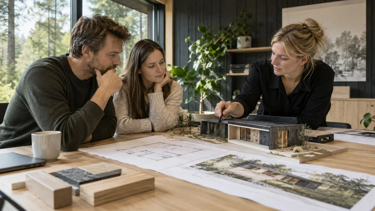 Konsultācija par moduļu mājas projektu pie galda ar plānojumu un mājas maketu
