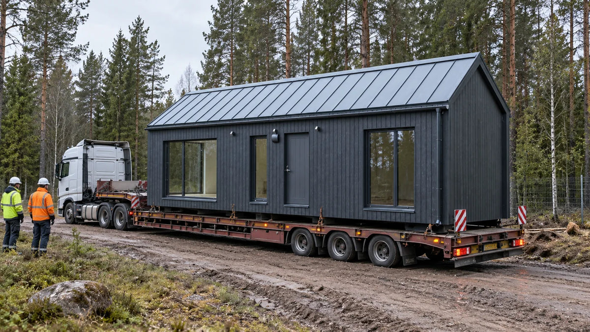 Villa Eco moduļu māja uz zemās platformas piekabes piegādes laikā